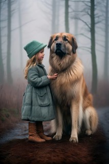Pretty three years old girl with a green dress and a hat petting a huge Leonberger sitting in an autumnal foggy forest