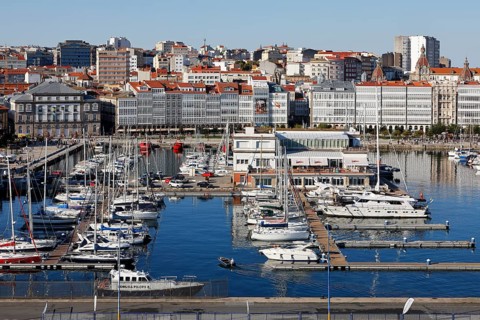 Marina and promenade in the historic city centre of La Coruna