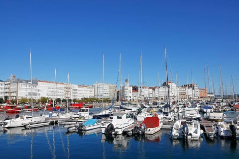 Marina and promenade in the historic city centre of La Coruna