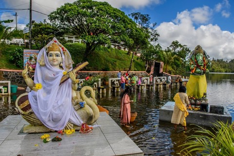 Left Goddess of Wisdom Sarasvati Saraswati Maa Wife Consort of Lord Brahma Right God Deity Statue in Elephant Shape Shape of Elephant Elephant God Ganesha at Religious Site Largest Hindu Sanctuary San...
