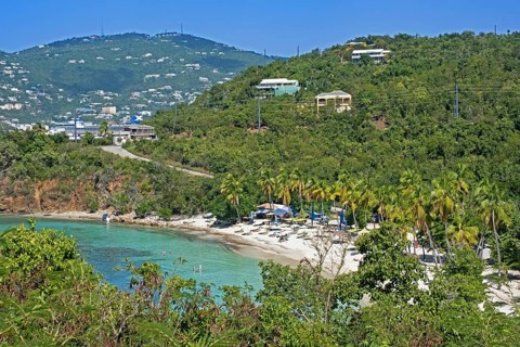 Tourists on white sandy beach with palm trees along Druif Bay at Water Island