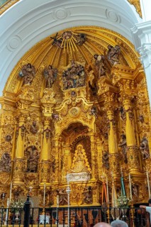 Detail of the chapel inside the church and the virgin in the sanctuary of El Rocio. Huelva. Andalusia