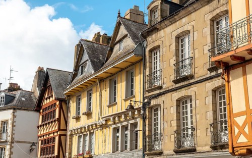 Old wooden colored houses in the medieval village of Quimper in the Finisterre department. French Brittany