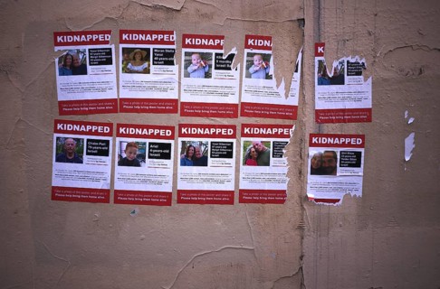 Posters of some Jewish victims kidnapped by the Islamist terrorist organisation Hamas on 07 October 2023 during the progrom