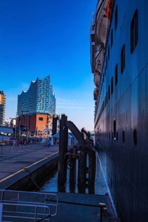 Cruise ship Vasco da Gama moored at the Ueberseebruecke in the port of Hamburg