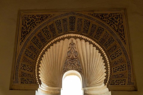 Detail of the patio doors with water fountains inside the Alcazaba in the city of Malaga