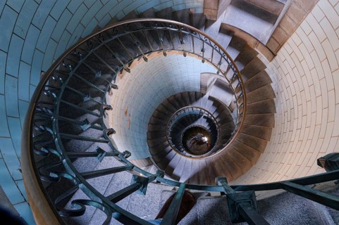Spiral staircase inside the Phare d'Eckmuehl lighthouse in Penmarch. Brittany