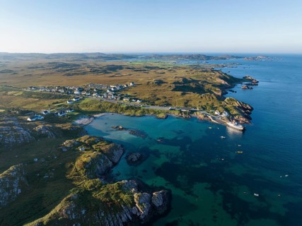 Aerial view of the fishing village of Fionnphort in the morning light