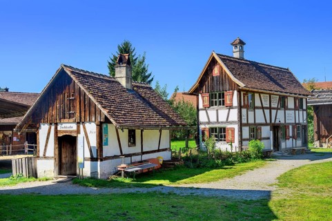 Two half-timbered houses with brick chimneys in the Swabian Open Air Museum