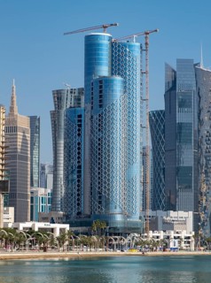 Skyline of West Bay with Corniche Park Towers aka QIMC Tower