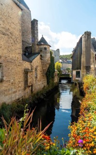 Traditional wooden houses by the river in the medieval town of Quimper in the department of Finisterre. French Brittany