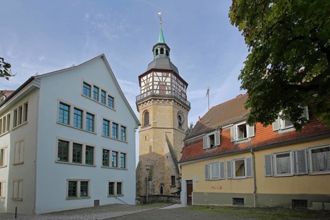 Historic baroque town tower built in 1614 and landmark