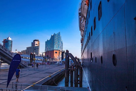 Cruise ship Vasco da Gama moored at the Ueberseebruecke in the port of Hamburg