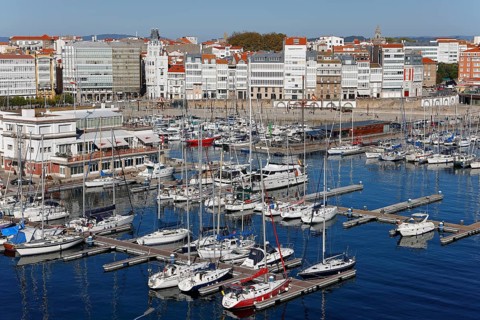 Marina and promenade in the historic city centre of La Coruna
