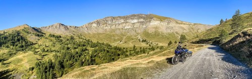 Motorbike BMW R1200 GS Adventure on Strada dell'Assietta military alpine road near Colle Basset