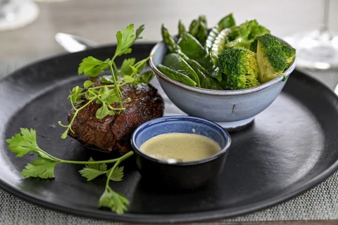 Grilled beef steak in a restaurant
