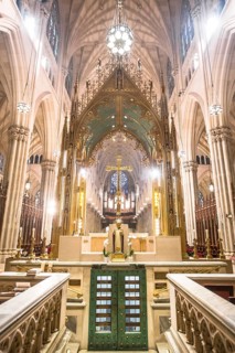Stained glass window in St. Patrick's Cathedral is a decorated neo-Gothic Catholic