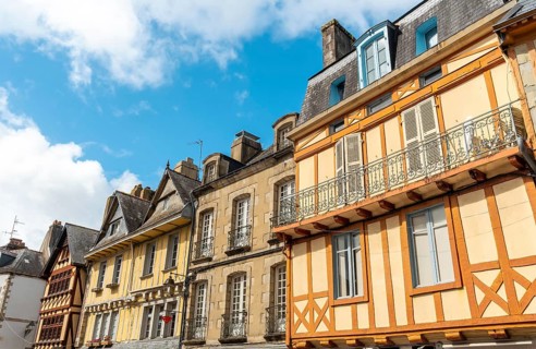Old wooden colored houses in the medieval village of Quimper in the Finisterre department. French Brittany
