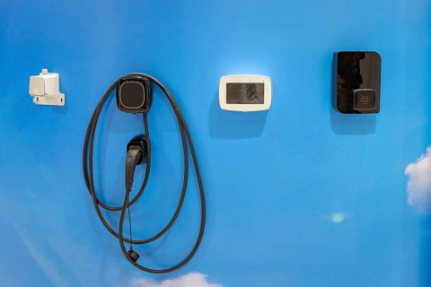 Chargers integrated into the wall at the exhibition of modern technologies. Mid shot