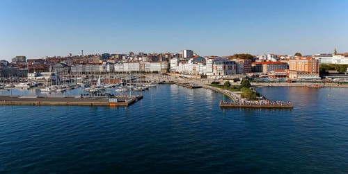 Marina and promenade in the historic city centre of La Coruna