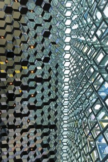Colourful glass facade of the Harpa Concert Hall and conference centre in the capital city Reykjavik