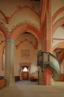 Interior view with pulpit of the Romanesque Regiswindis Church