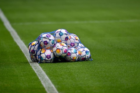 Adidas Derbystar match balls lie in ball net on grass