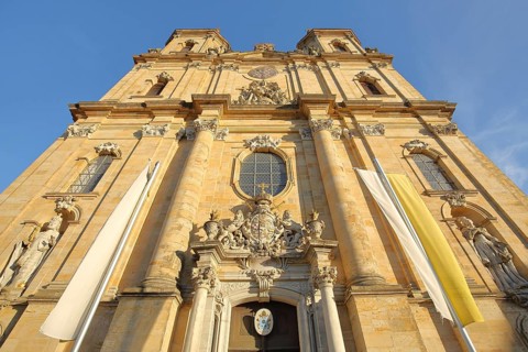Baroque basilica with flags
