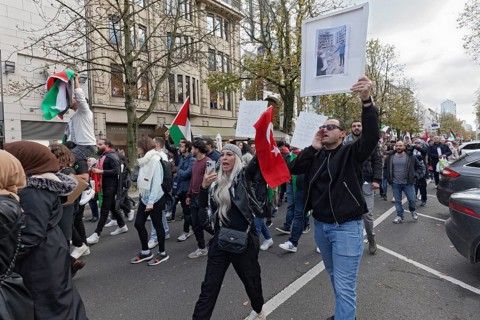 Demo participants with Palestine flags