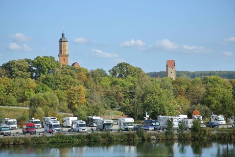Main bank and car park with motorhomes