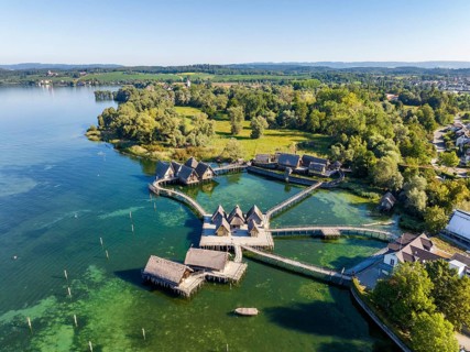 Aerial view of the reconstructed pile dwellings on the shore of Lake Constance