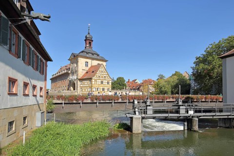 Historic Old Town Hall on the Regnitz with Geyerswoerth Bridge and weir