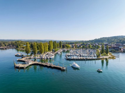Aerial view of the harbour of the Lake Constance municipality of Uhldingen-Muehlhofen