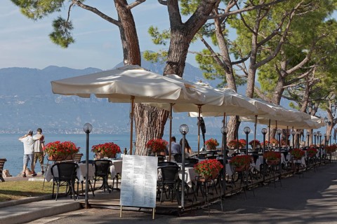 Restaurant terrace under pine trees on the lakeshore