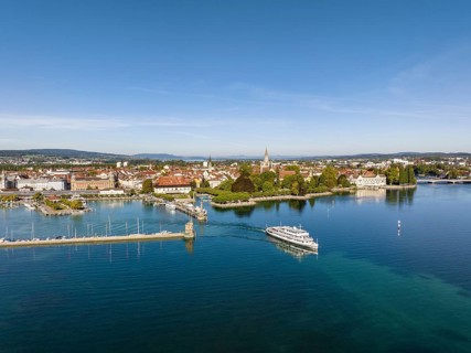 Aerial view of Lake Constance with the harbour of Constance and the departing cruise ship MS Swabia of the Lake Constance-Schiffsbetriebe