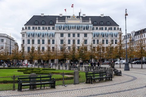 Historic luxury hotel d'Angleterre decorated with winter icicles