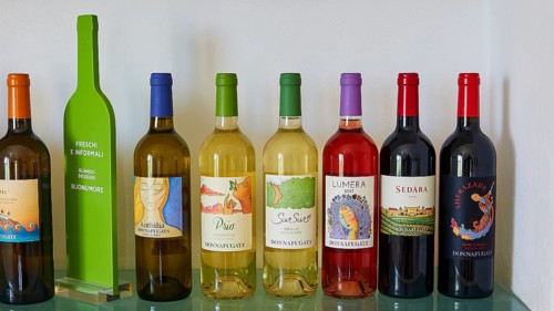 Different wine bottles on the shelf next to each other