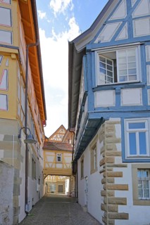 Half-timbered house with archway