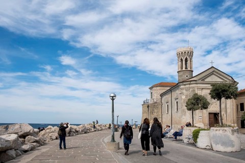 Waterfront with San Clemente Church or Maria Health Church and Lighthouse