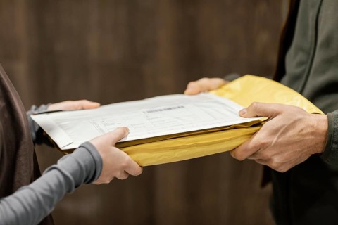 Close up client package delivery