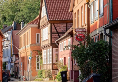 Half-timbered houses on the Elbstrasse in the old town of Lauenburg on the Elbe. Duchy of Lauenburg