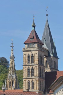Spires of the Gothic Church of Our Lady and Gothic Stadtkirche St. Dionys with twin spires