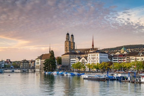 View over the Limmat to Grossmuenster and City Hall
