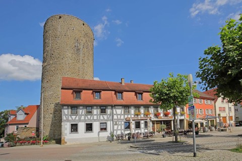 Historic Waldhorn tower built in 1220 and half-timbered house
