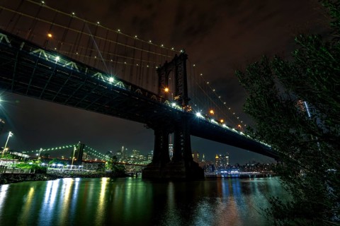 View on Manhattan Bridge from John Street Park at night