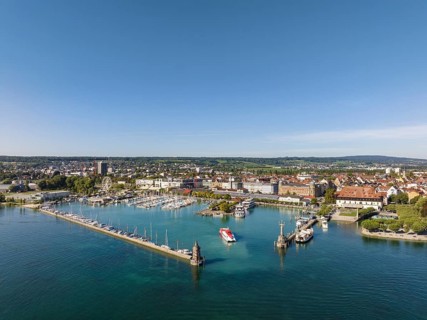 Aerial view of Lake Constance with Constance harbour and the departing motor vessel