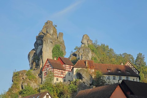 Rock formation Zechenstein and half-timbered houses