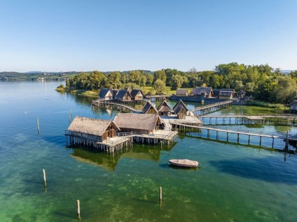 Aerial view of the reconstructed pile dwellings on the shore of Lake Constance