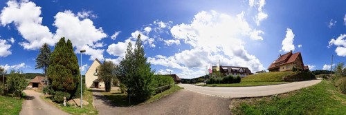 360 degree panorama with the entrance to the Oberbiederbach pilgrimage church and the Biederbach village thoroughfare. Emmendingen District