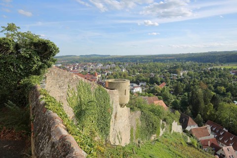 View from Kaltenstein Castle with wall and tower on townscape